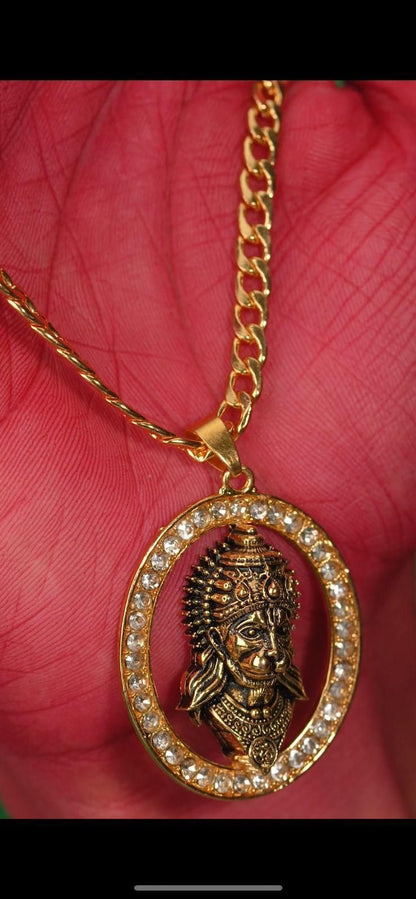 Hanuman's Divine Gaze: Diamond-Adorned Pendant Set